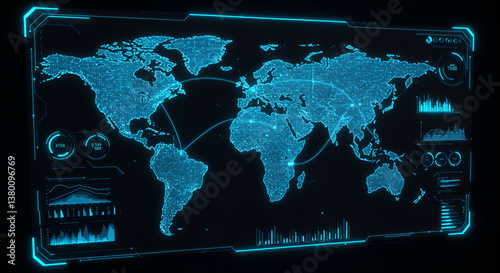 Futuristic Digital World Map with High-Tech Data Visualization