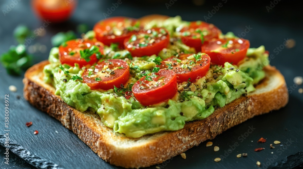 a close-up view of a slice of toast topped with mashed avocado and halved cherry tomatoes sprinkled with spices and herbs presented beautifully a close-up view of a slice of toast topped with mashed avocado and halved cherry tomatoes sprinkled with spices and herbs presented beautifully