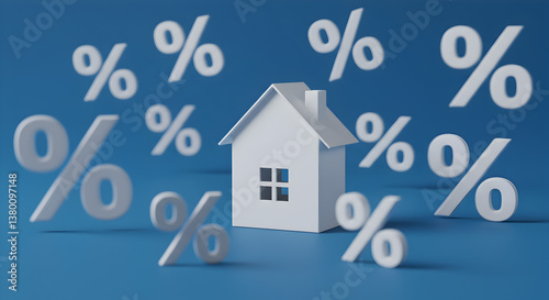 White house model surrounded by percentage signs on a blue background in a studio setting