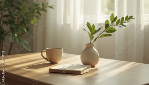 Wallpaper Mural Tranquil workspace setup with coffee cup, notebook, and plant-filled vase illuminated by soft window light. Torontodigital.ca