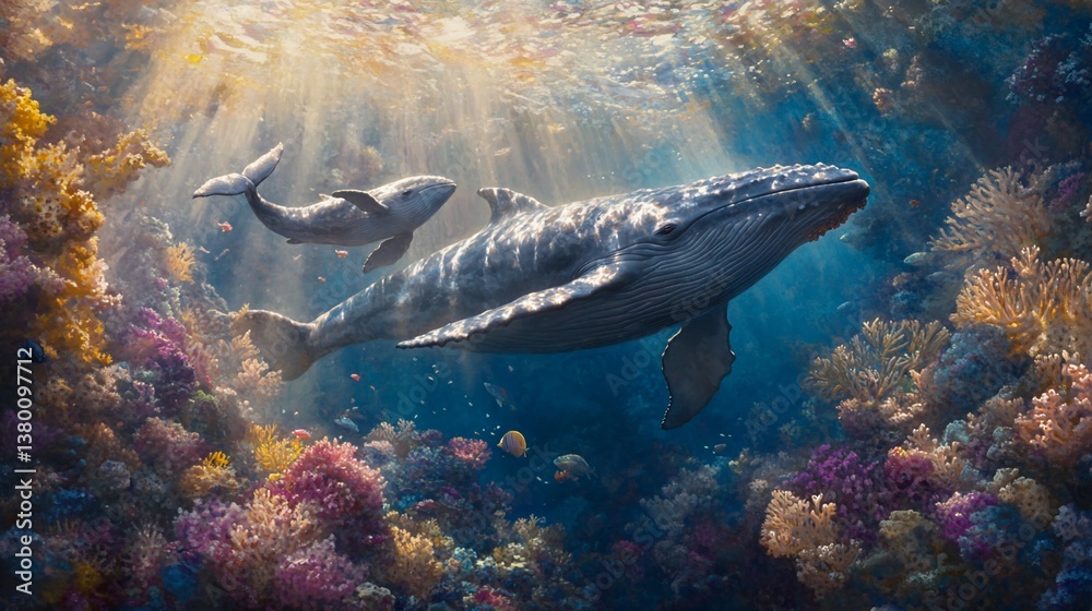 Fototapeta premium Whale and Calf Swim in Sunlit Coral Reef