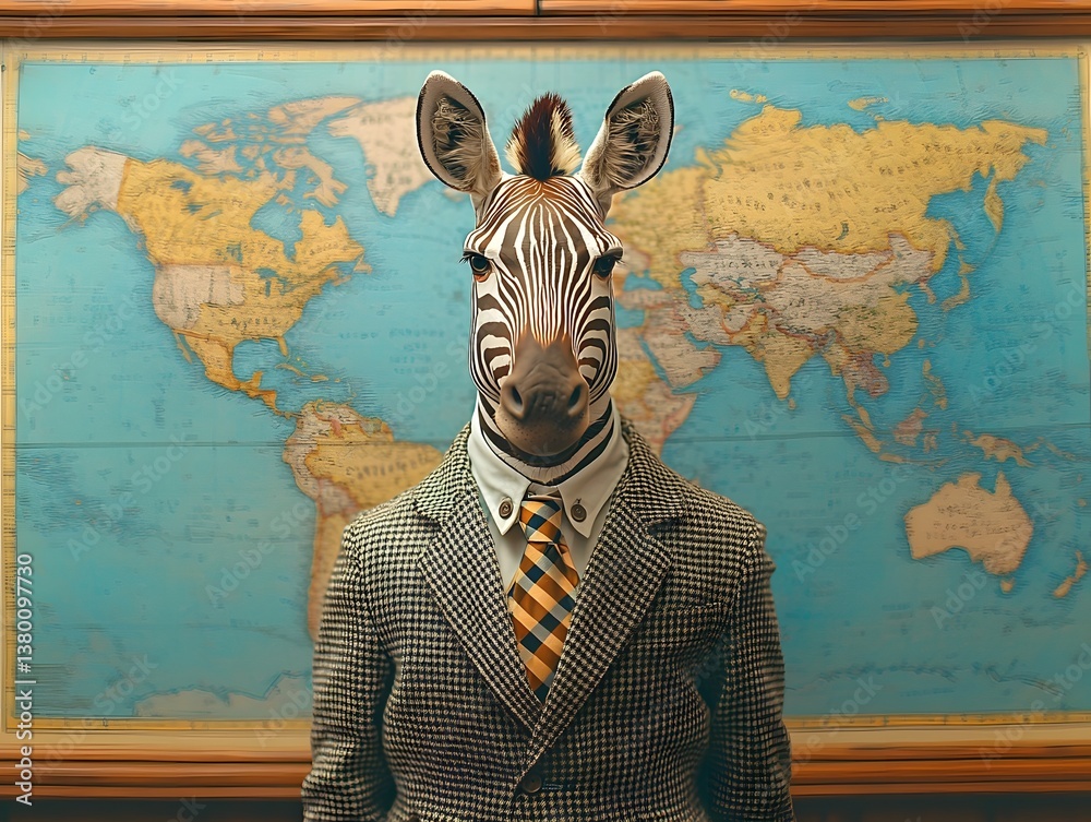 Fototapeta premium Zebra in a suit and tie stands before a world map in a classroom setting