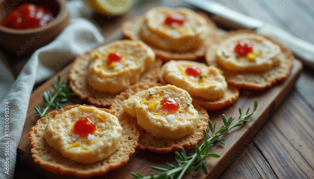 Appetizing Cheese Snacks on Crackers with Lemon and Tomato Jam on a Wooden Platter, Garnished with Herbs - Elegant and Rustic Still Life Appetizing Cheese Snacks on Crackers with Lemon and Tomato Jam on a Wooden Platter, Garnished with Herbs - Elegant and Rustic Still Life