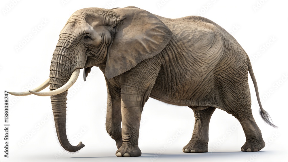 Obraz premium A majestic African elephant is depicted walking slowly against a clean white background