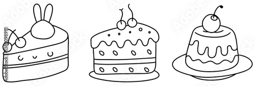 Delightful cake illustrations featuring bunny cake, layered cake with cherries, and jello dessert, perfect for celebrations