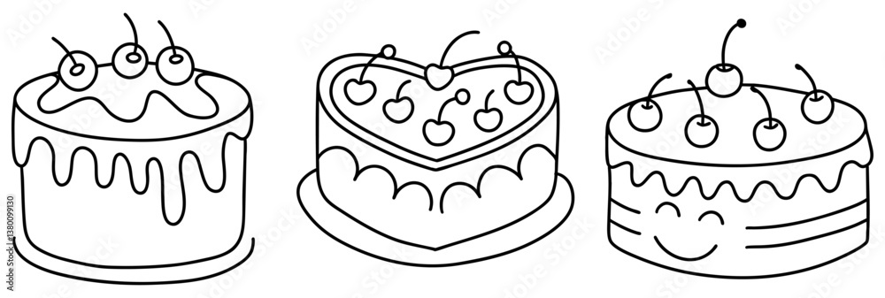 Delightful line art of three cakes, each topped with cherries, showcasing different styles and shapes, perfect for dessert Delightful line art of three cakes, each topped with cherries, showcasing different styles and shapes, perfect for dessert