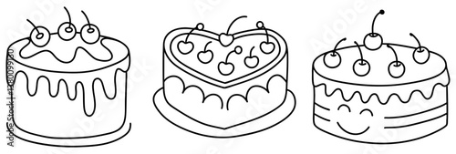 Delightful line art of three cakes, each topped with cherries, showcasing different styles and shapes, perfect for dessert