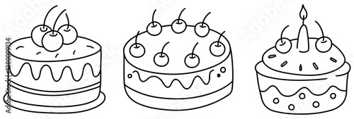 Delightful line art of three cakes, featuring cherries and candle, perfect for celebrations and desserts