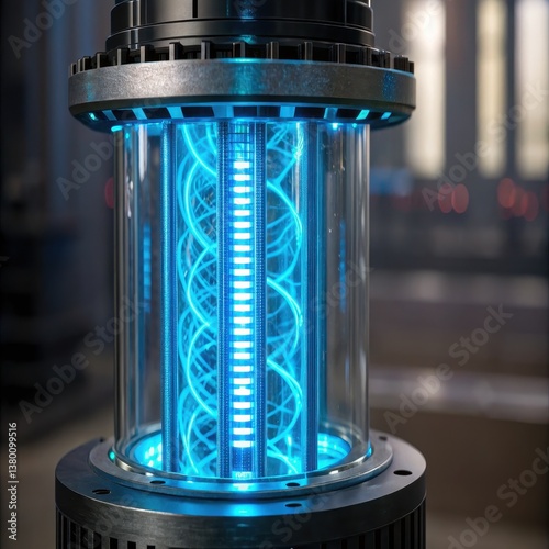 sustainable energy hydropower future concept. Futuristic energy core with glowing blue patterns inside a transparent casing.