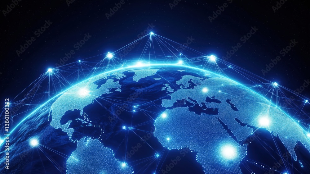 A visualization of global network interconnection, showing the earth's surface connected by blue light spots and lines, symbolizing global data connection and information transmission. A visualization of global network interconnection, showing the earth's surface connected by blue light spots and lines, symbolizing global data connection and information transmission.