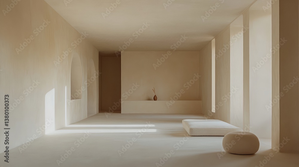 Fototapeta premium A peaceful, unfurnished room with soft white walls and a seamless ceiling, exuding a minimalist feel.
