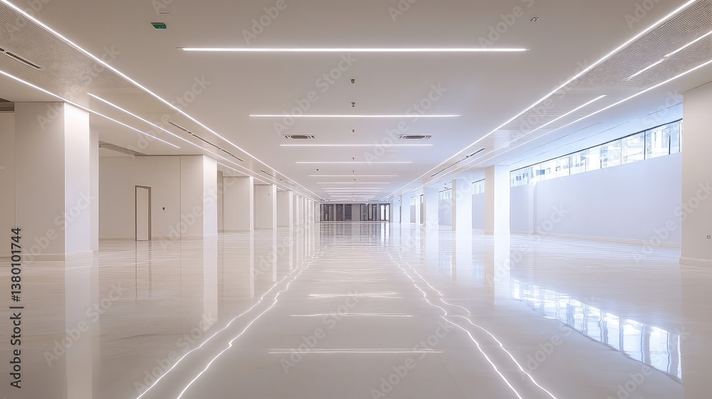 Obraz premium A pristine, empty space with a minimalist white interior and a ceiling featuring soft indirect lighting.