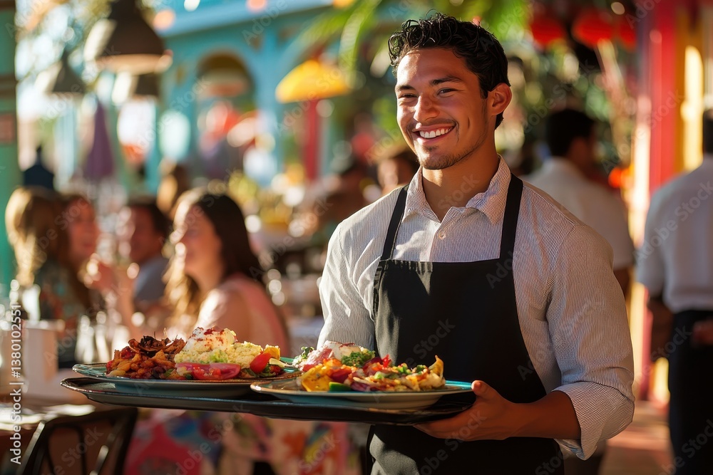 Smiling waiter serving food in a lively, vibrant restaurant atmosphere Smiling waiter serving food in a lively, vibrant restaurant atmosphere