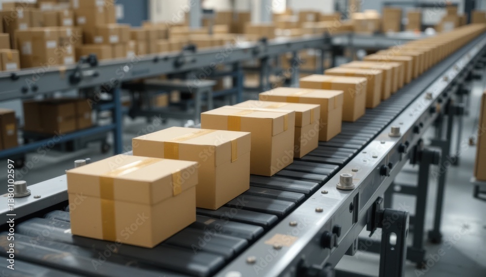 conveyor belt with cardboard boxes. Shelves with other boxes are located in the background, creating an atmosphere of an organized warehouse conveyor belt with cardboard boxes. Shelves with other boxes are located in the background, creating an atmosphere of an organized warehouse