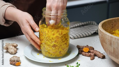 Fermenting Cabbage with Turmeric close-up