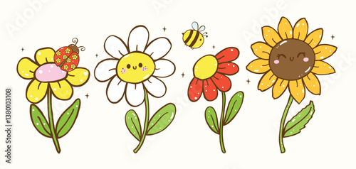 Cute Pastel Spring Flowers field Banner Doodle Hand Drawn Cartoon Illustration