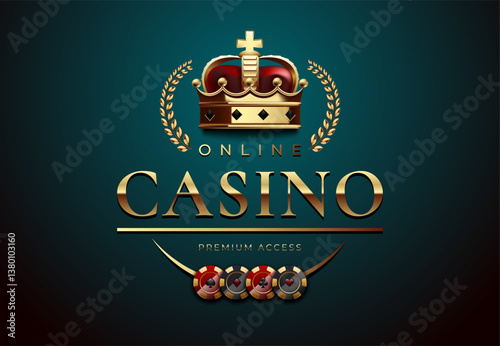 Luxury online casino logo with a golden crown, laurel wreath, and poker chips on a dark teal background. Ideal for gambling websites, casino branding, and premium poker events