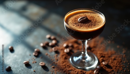 Elegant Espresso Martini in Coupe Glass Garnished with Coffee Bean on Dark Surface