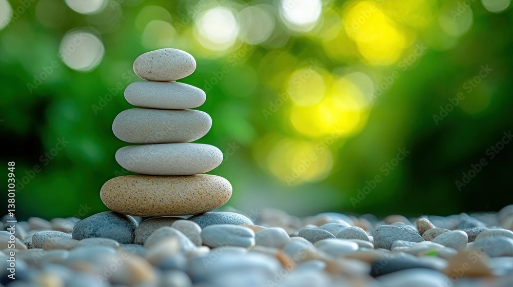 Obraz premium balanced pebbles stacked in serene harmony creating a zen-like composition against a blurred green backdrop evoking tranquility