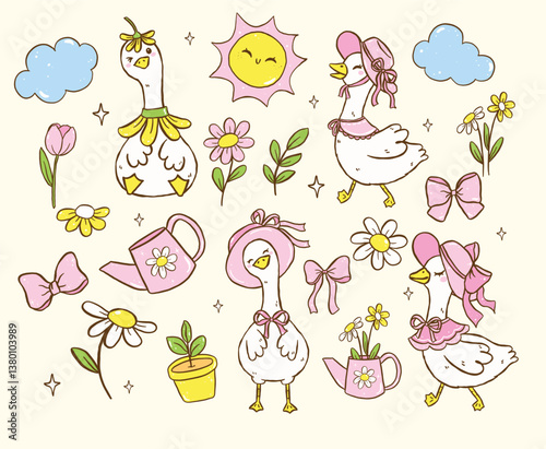 Cute Silly Goose Cartoon Cottagecore Spring Hand Drawn Playful Coquette Character