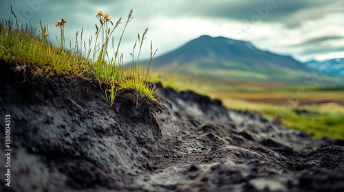 Soil erosion in a mountainous region. Close-up view of eroded dark soil with growing grass and yellow flowers. In the distance, eroded mountains and cloudy sky.