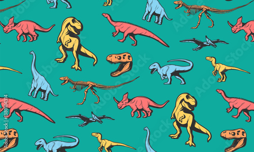 Vector childish seamless pattern with cartoon dinosaurs. Ideal for baby clothes, textiles, wallpaper, wrapping paper. Fun and lively dinosaur character repeat design.