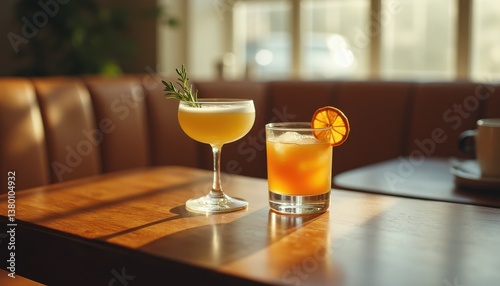 Elegant Cocktails on a Wooden Table in a Sunlit Bar Setting with Rosemary and Orange Garnish