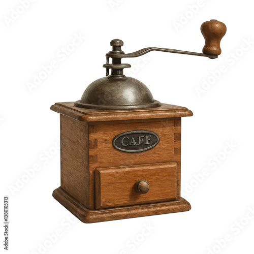 PNG cut out isolated background. A traditional manual coffee grinder with a wooden box base, metal dome, and crank handle.
