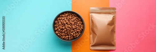 Dog and cat food bowls displayed next to unopened food pouches against a vibrant color backdrop showcasing pet nutrition products