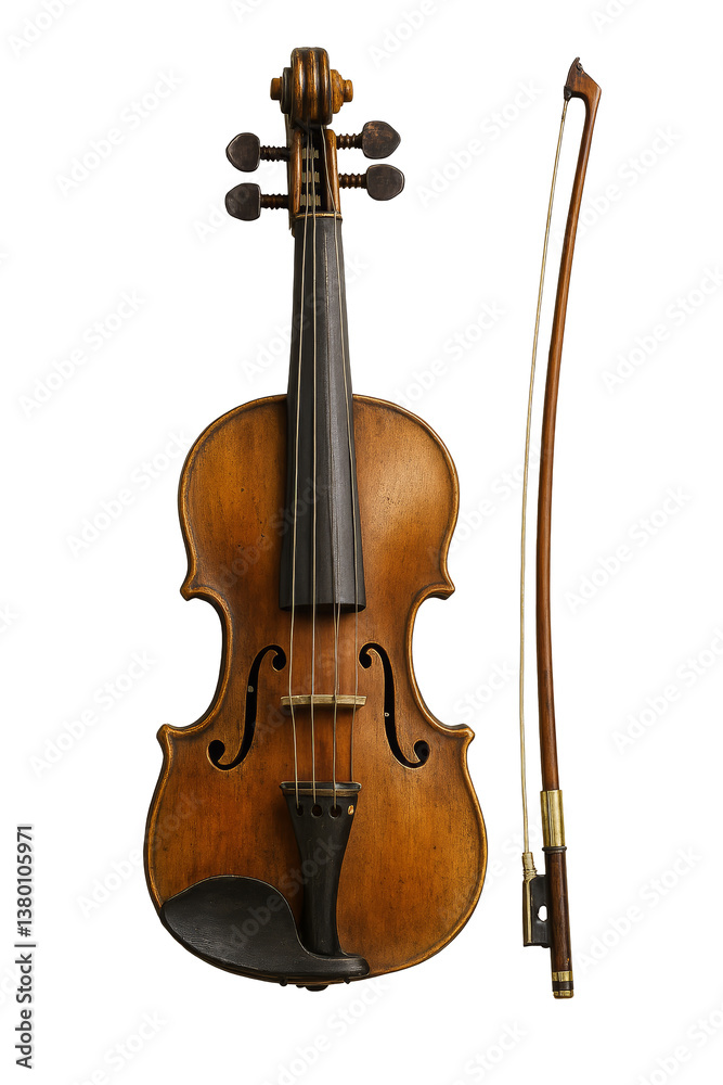 Fototapeta premium PNG cut out isolated background. A traditional wooden violin paired with its bow, both elegantly displayed on a white backdrop.
