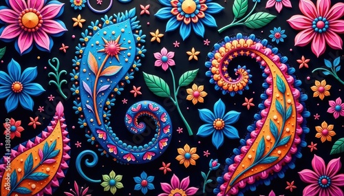 Intricate paisley floral pattern in vibrant hues, summer, motif, red