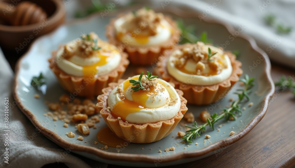 Miniature Custard Tarts with Honey and Crumbles Topping on a Rustic Plate Miniature Custard Tarts with Honey and Crumbles Topping on a Rustic Plate