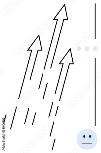 Upward-pointing arrows breaking through a boundary line next to a neutral face. Ideal for success, growth, progress, overcoming obstacles, motivation, innovation, resilience. Flat simple metaphor
