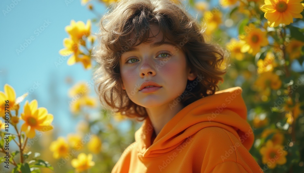 Naklejka premium Young woman with curly hair and orange hoodie stands in a field of yellow flowers against a blue sky.