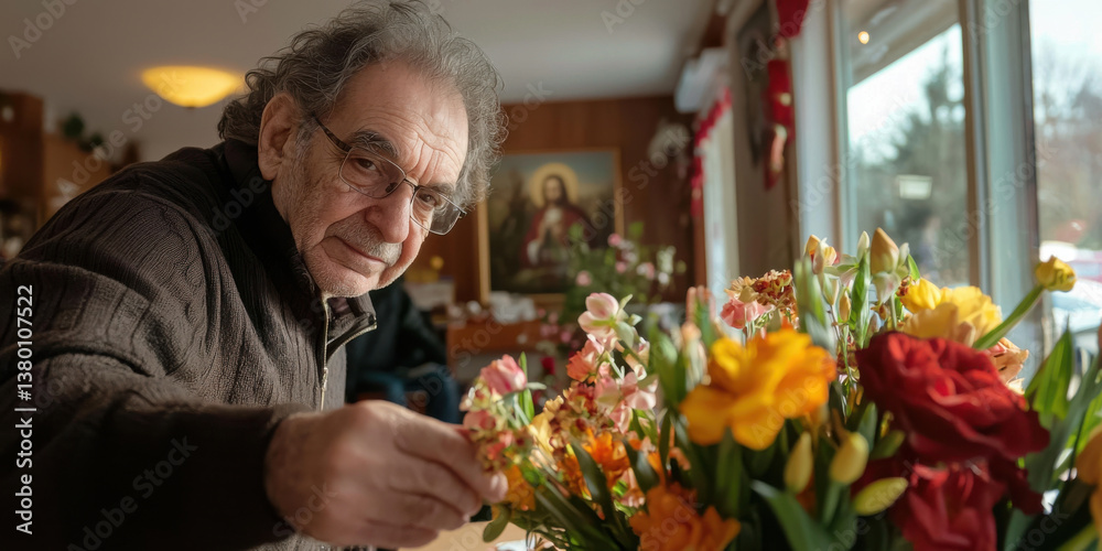 descriptionElderly man arranging colorful flowers in cozy room, showcasing care and attention to detail descriptionElderly man arranging colorful flowers in cozy room, showcasing care and attention to detail