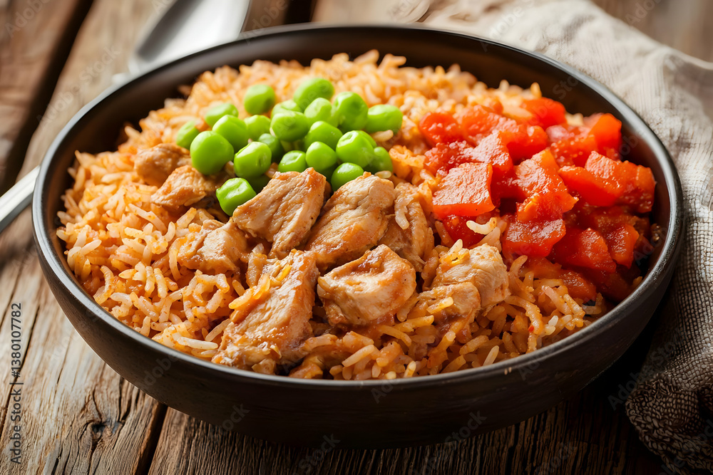 Chicken and vegetable rice bowl, wooden background, healthy meal Chicken and vegetable rice bowl, wooden background, healthy meal