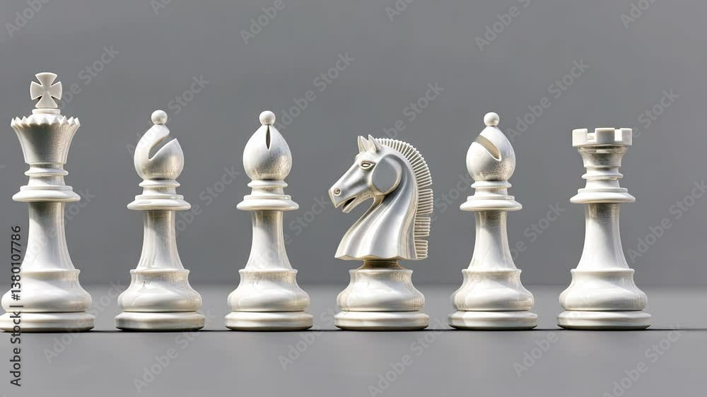 A lineup of elegant white chess pieces showcases the intricate designs, highlighting their readiness for an engaging match A lineup of elegant white chess pieces showcases the intricate designs, highlighting their readiness for an engaging match