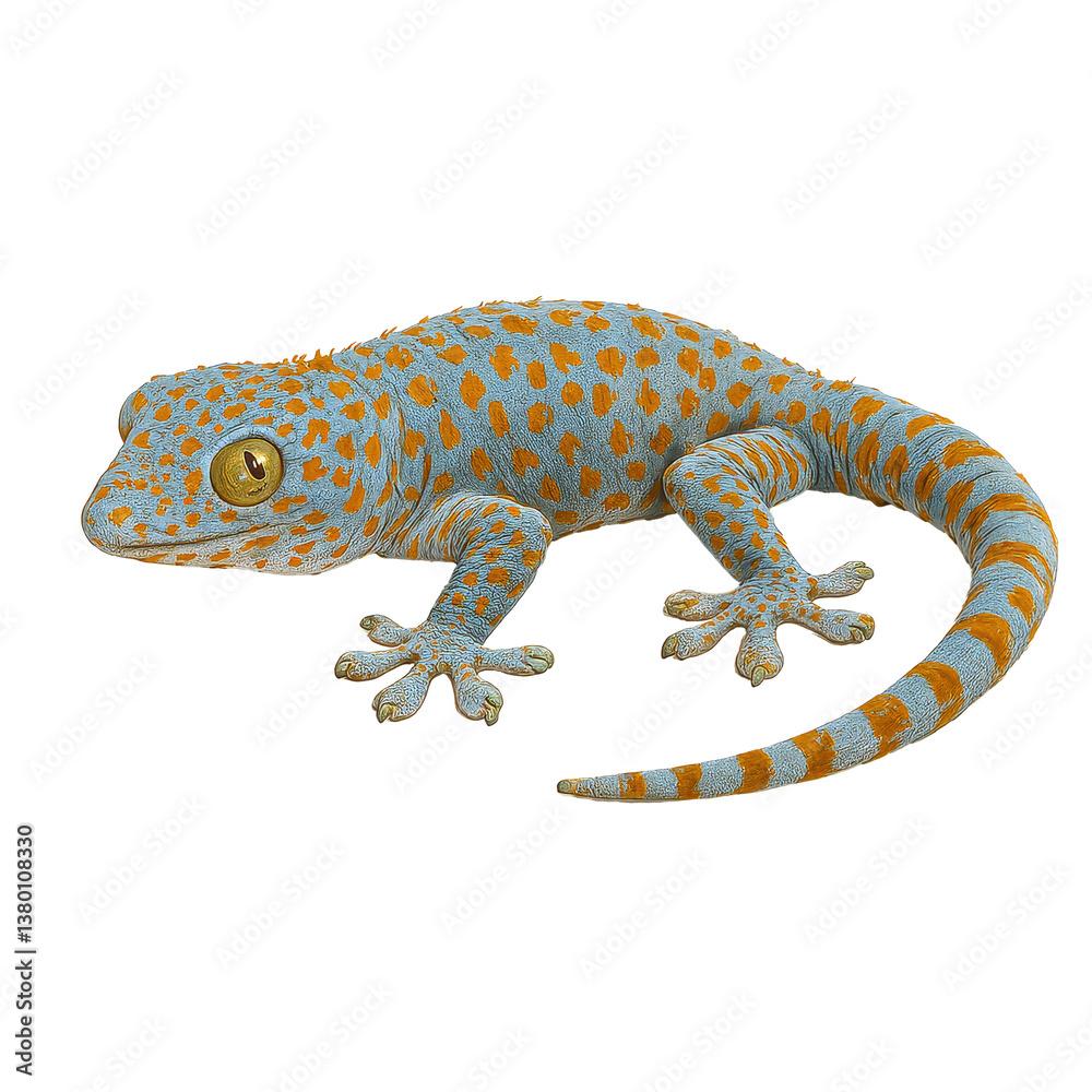 Obraz premium PNG cut out isolated background. A tokay gecko with vibrant blue-gray skin covered in striking orange spots and bands.