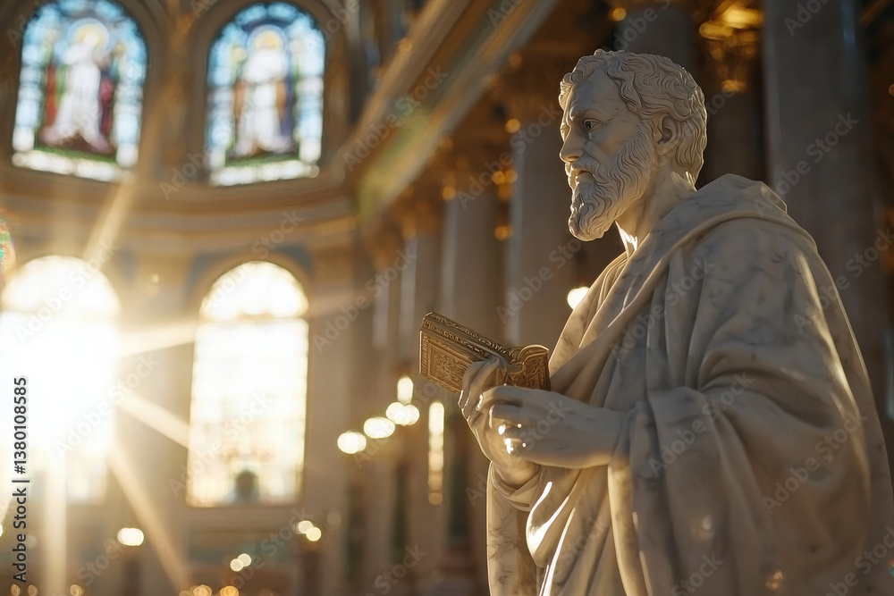 Obraz premium marble statue of religious figure stands grand interior, illuminated by sunlight streaming through stained glass windows