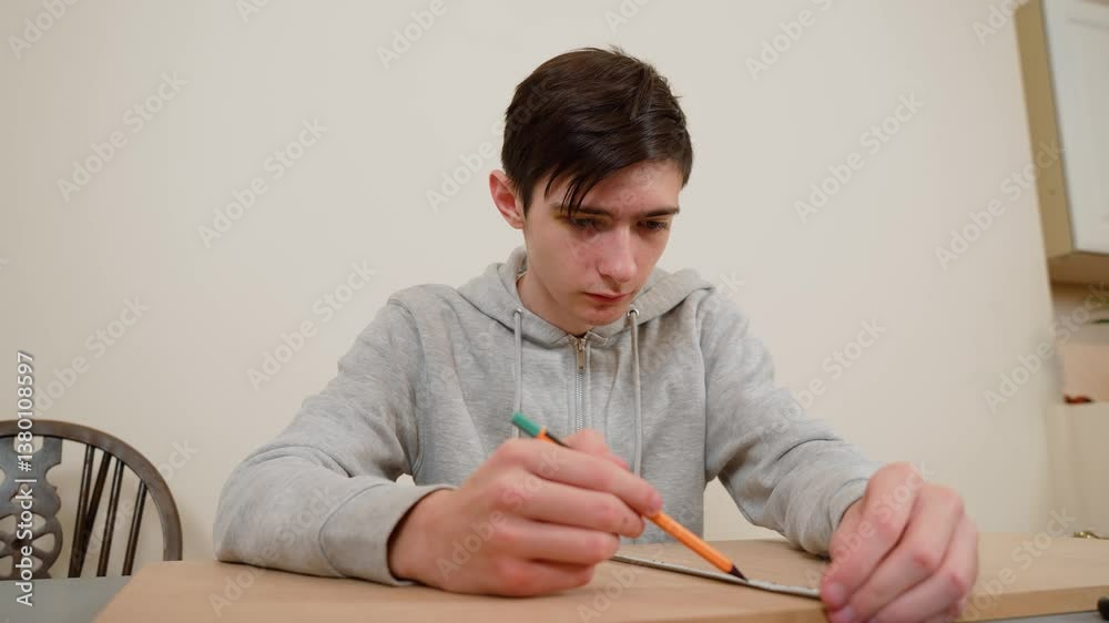 Boy using pencil to make accurate marks on wood. Male adjusting tape measure for precise layout. Student sketching framework for upcoming construction process Boy using pencil to make accurate marks on wood. Male adjusting tape measure for precise layout. Student sketching framework for upcoming construction process