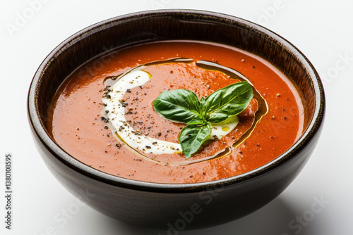 Isolated bowl of creamy tomato soup with swirl of cream gourmet food photography minimalist style culinary delight close-up view