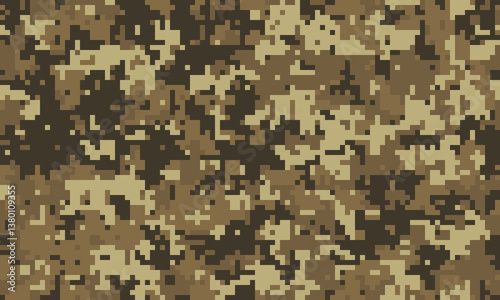 Abstract digital camouflage pattern.  Earthy tones blend seamlessly for a versatile background ideal for websites, apparel design, or militarythemed projects.