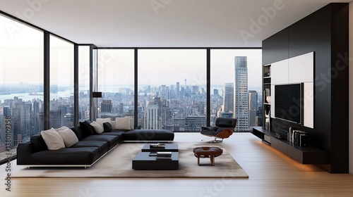 A modern living room corner featuring black-and-white accents
