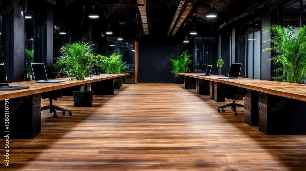 Obraz premium Modern minimalist office interior with long wooden desks, potted plants, and dark hardwood floors. Dark lighting and industrial elements are present.