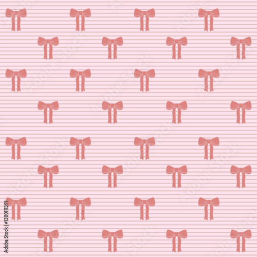 Striped seamless pattern with small pink bows on light pastel background. Cute and delicate design for fabric, gift wrapping, stationery, kids' room decor, and fashion accessories.