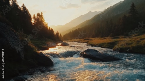 Sunset river flowing through mountain valley