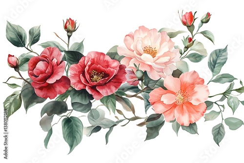Watercolor Floral Illustrations – Red & Pink Roses with Camellia Bouquets