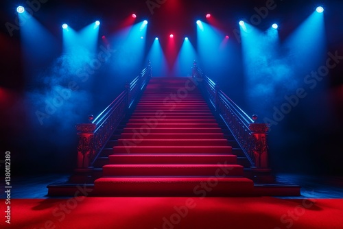 Dramatic red carpet stairs illuminated with blue and red stage lights