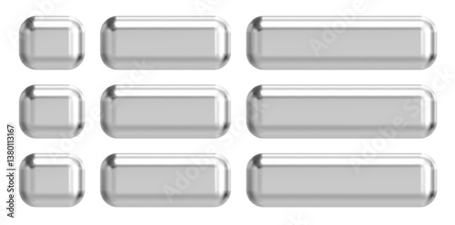 Silver 3d chrome button. 3d rectangle badge vector icon. Glossy Frame square metal chrome banner. Steel shield shiny web button for navigation bar.