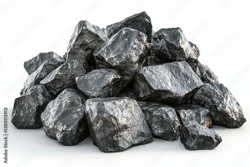 A large pile of dark gray stones resting on white A large pile of dark gray stones resting on white